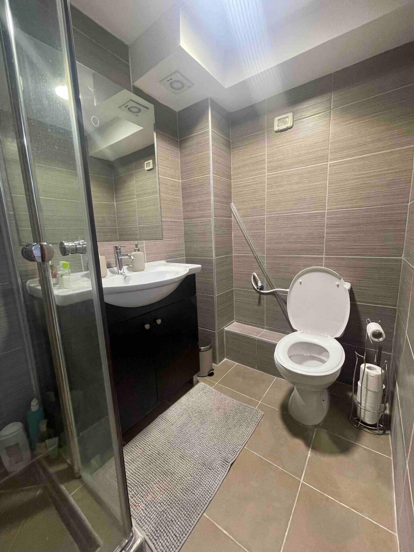 A modern bathroom with a glass shower enclosure, a sink, a toilet, and a mirror.