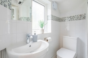 Hair dryer, towels, soap, toilet paper