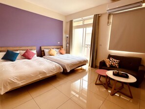 A hotel room with two beds, a sofa, a small table, and a window with curtains. - Sleep or no (Jinning)