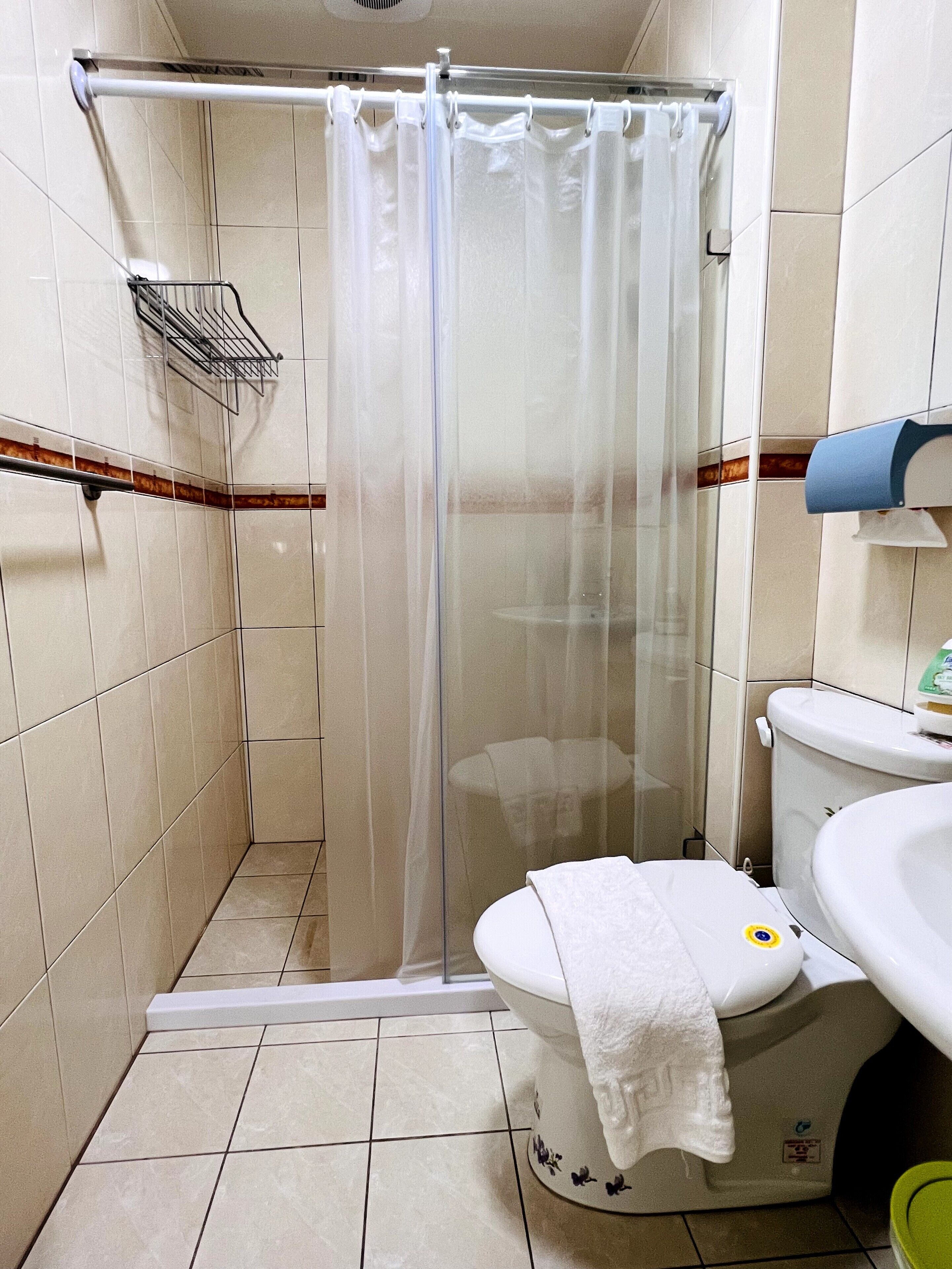 Un baño con cortina de ducha, inodoro y lavamanos.