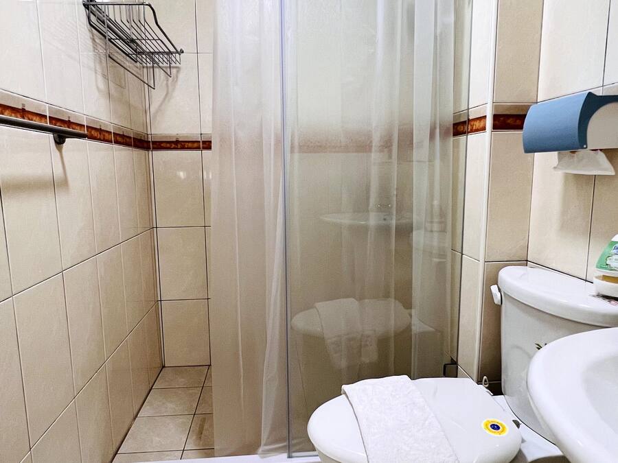 Un baño con cortina de ducha, inodoro y lavamanos.