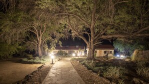 Un camino de piedra que lleva a un edificio de techo rojo, rodeado de árboles grandes e iluminado por luces en el suelo.