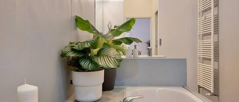Une salle de bain moderne avec une baignoire, une plante en pot et un miroir.