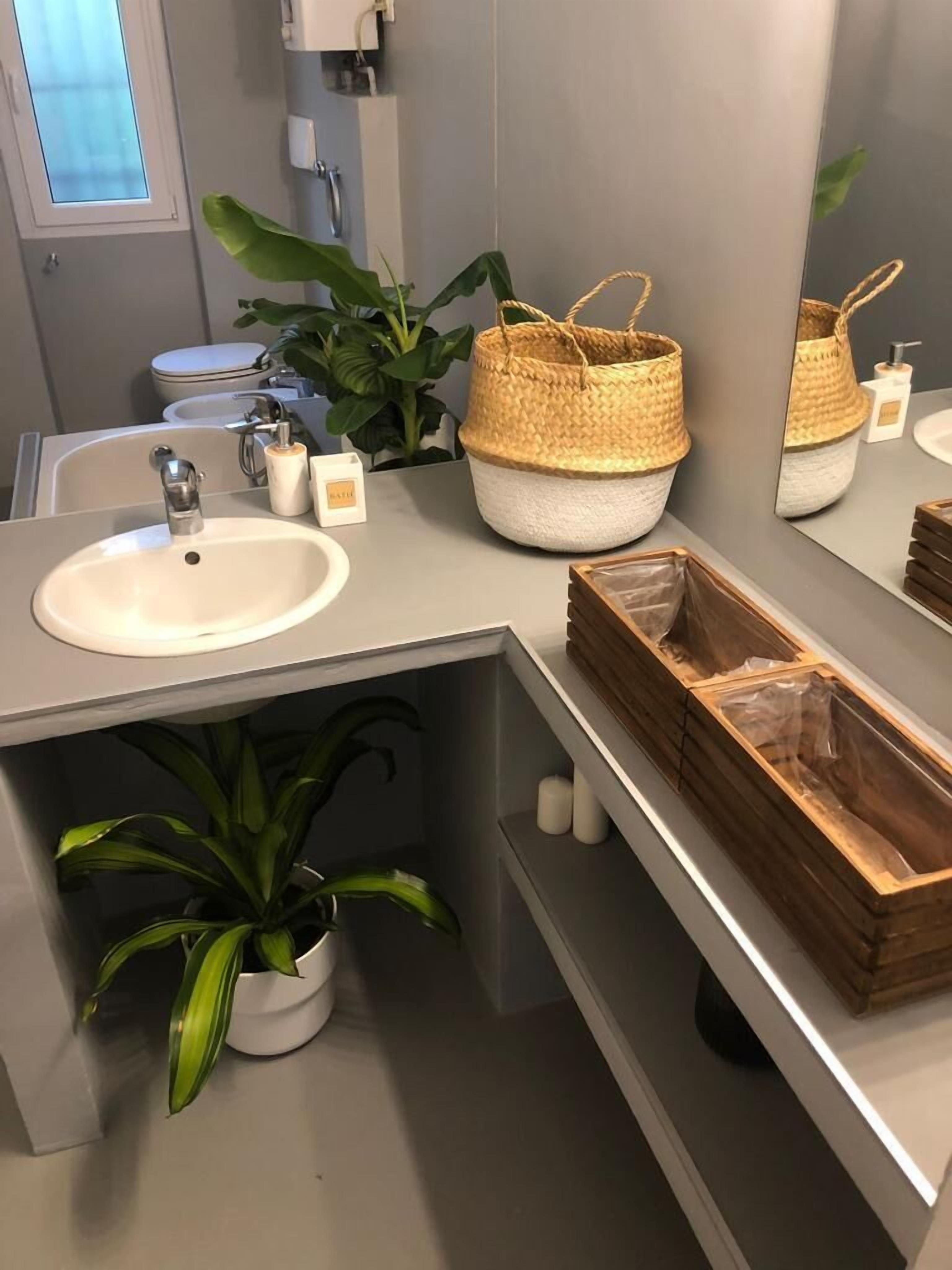 Une salle de bain moderne avec un lavabo blanc, un grand miroir, une plante en pot et un panier en osier.