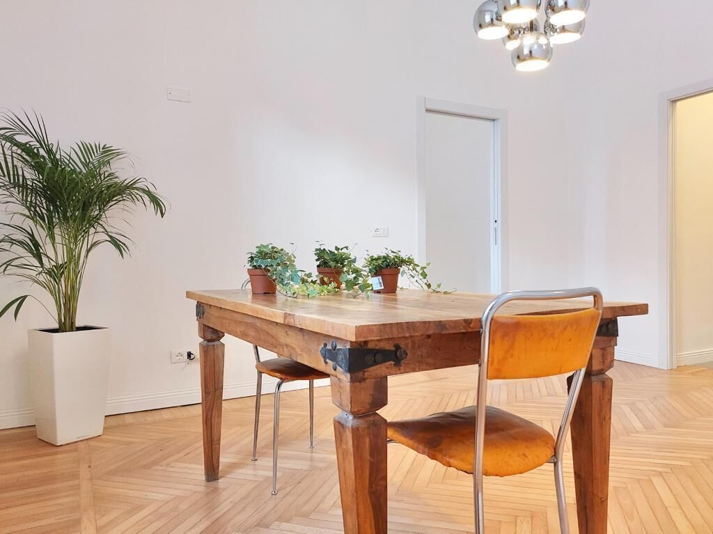 Une table à manger avec des chaises, une plante en pot et un luminaire suspendu dans une pièce dont le sol est en bois et les murs sont blancs.