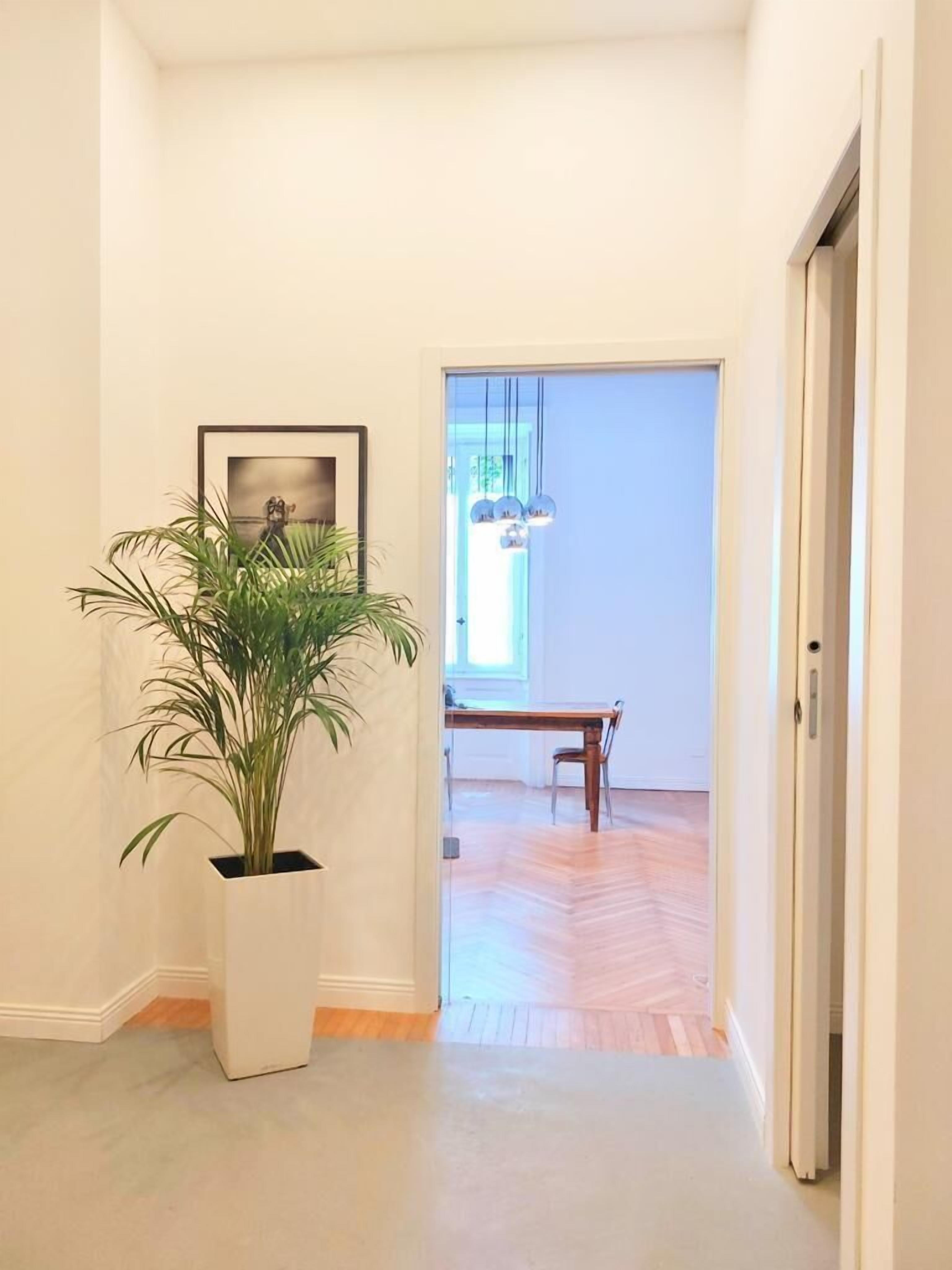 Een gang met een potplant, een lijst aan de muur en een eethoek met een houten tafel en stoelen op de achtergrond.