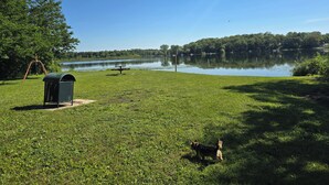 A grassy area with a dog, a swing set, and a bench by a lake. - Cozy Farmhouse w/ short walk to a private  lake
 (Delton)