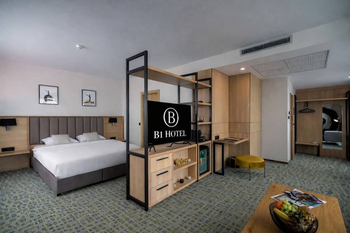 A hotel room with a bed, a TV, a desk, and a wardrobe.