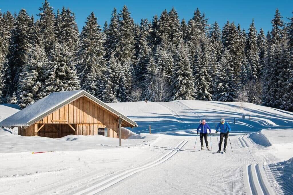 Een houten hut met een schuin dak in een besneeuwd landschap.