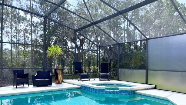 Una piscina interior amb aigua blava cristal·lina, envoltada d'una estructura de vidre i moblada amb gandules i una planta decorativa.