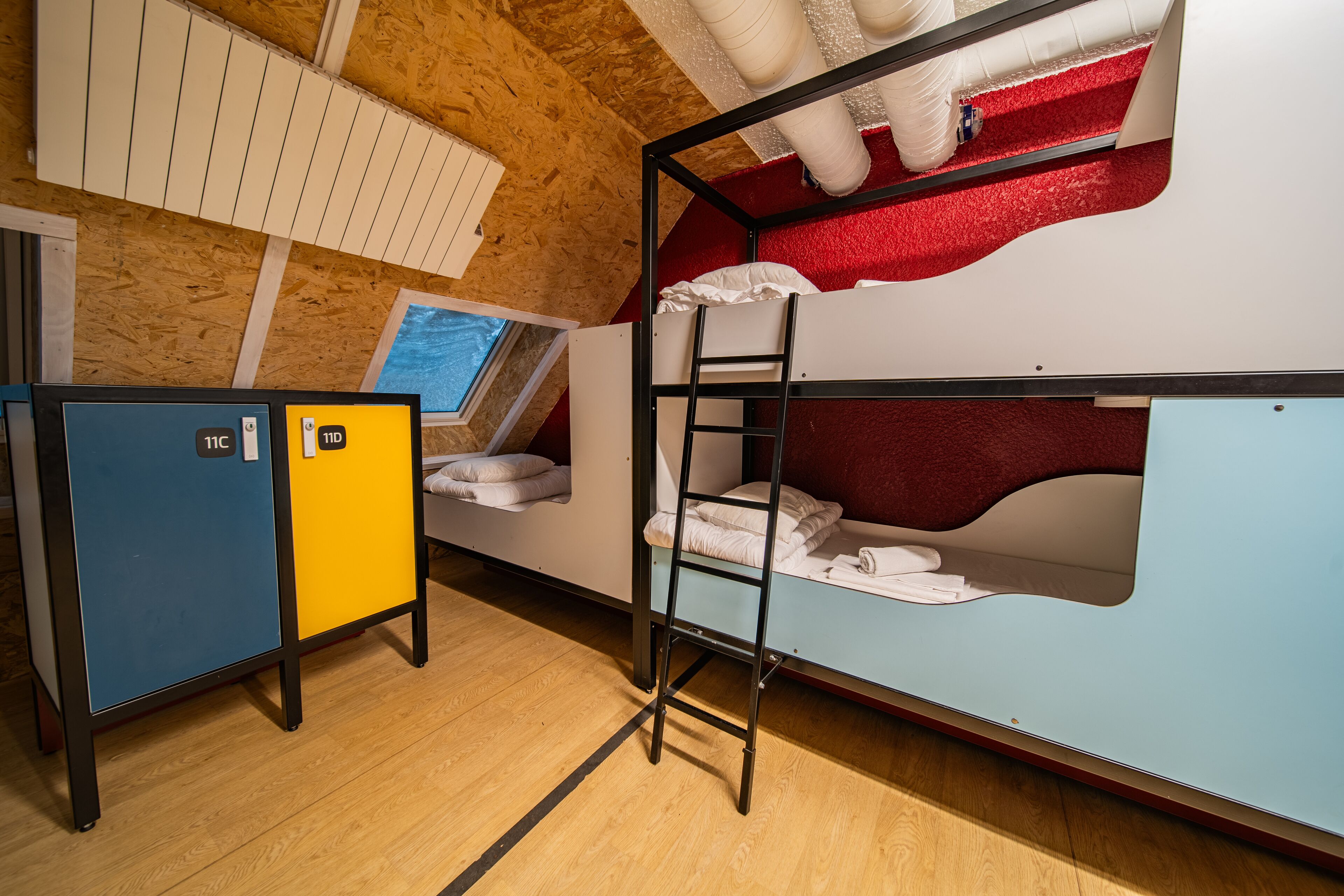 A bunk bed with a ladder, a desk with a chair, and a wardrobe.