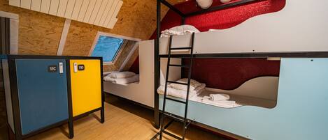 A bunk bed with a ladder, a desk with a chair, and a wardrobe.
