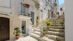 A narrow stone staircase leading to a building entrance, with potted plants and a metal railing.