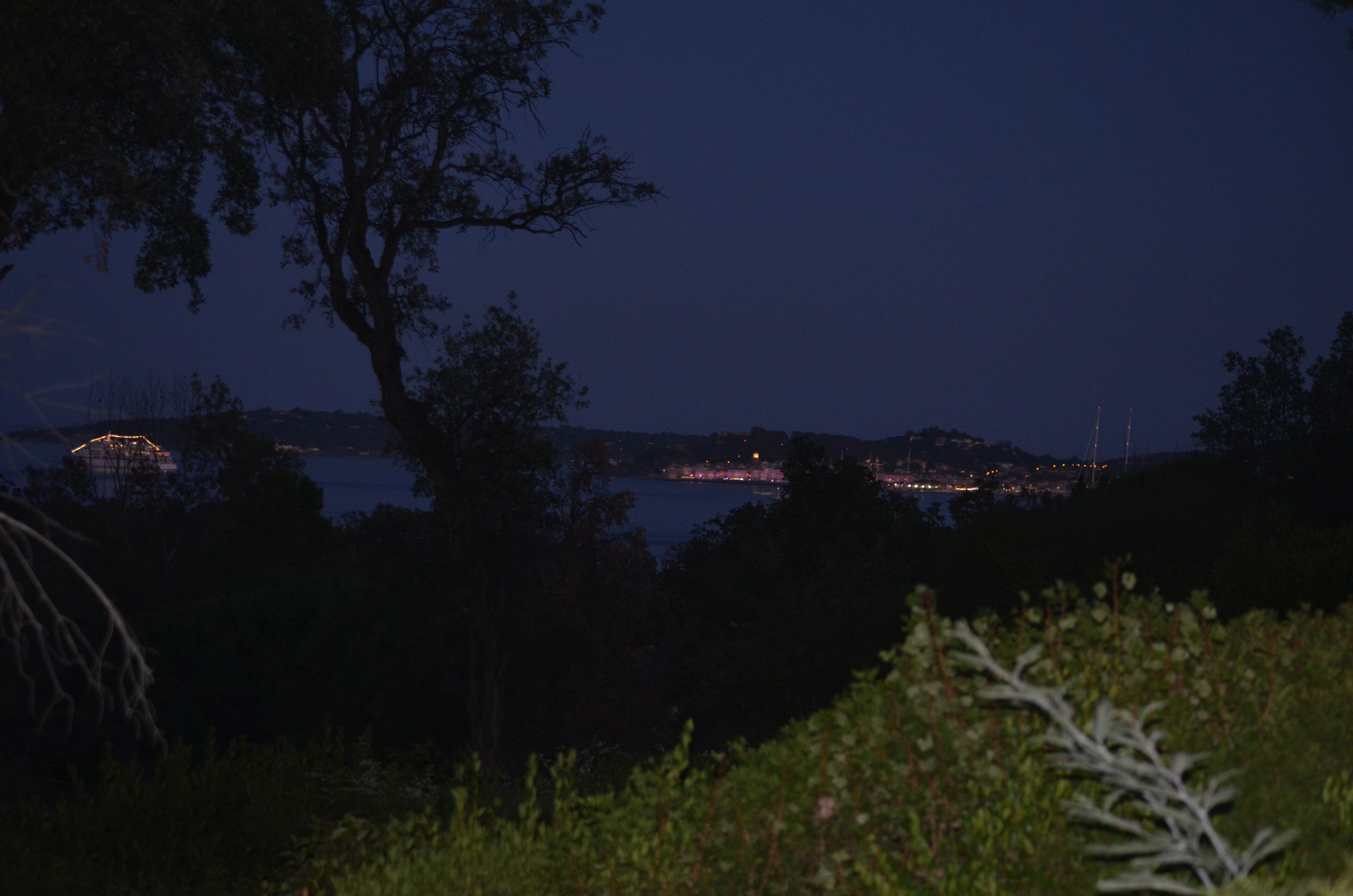 A nighttime view of a coastal cityscape with a prominent bridge and distant city lights.