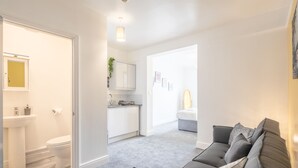 A modern living room with a grey sofa, a small kitchen area with a sink and cabinets, and a bathroom with a toilet and sink. - The Modern Cambridge Studio 5 (Cambridge)