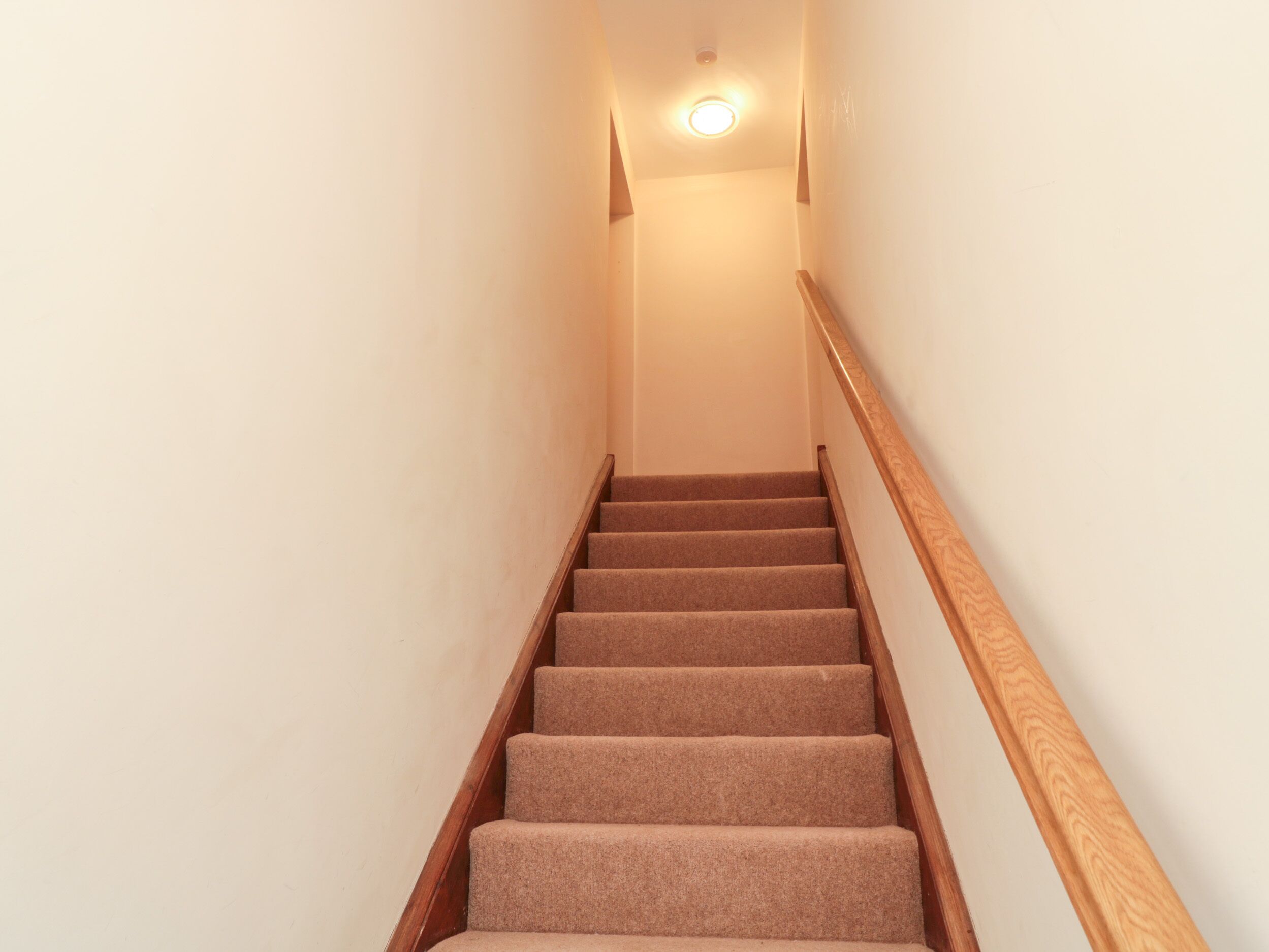 A staircase with carpeted steps and wooden handrails, leading to a landing with a ceiling light.