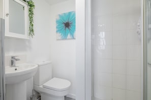 Bathroom features a white sink, toilet, and glass shower enclosure.