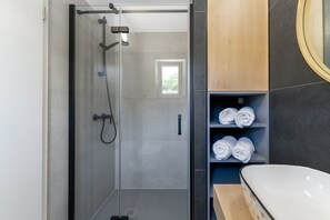Shower, hair dryer, towels, soap