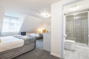Experience the unique sloped ceiling and modern design of this stylish room, featuring two beds, a desk, and a flat-screen TV.