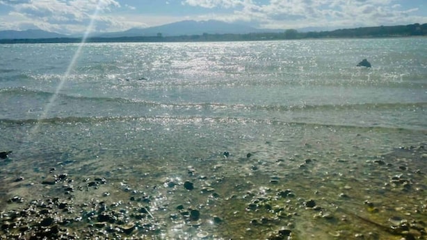 A clear view of a lake with a distant mountain range, calm water, and a clear sky. - Maison Entre lac et Mer, Avec Jardin Ombragé (Villeneuve-de-la-Raho)