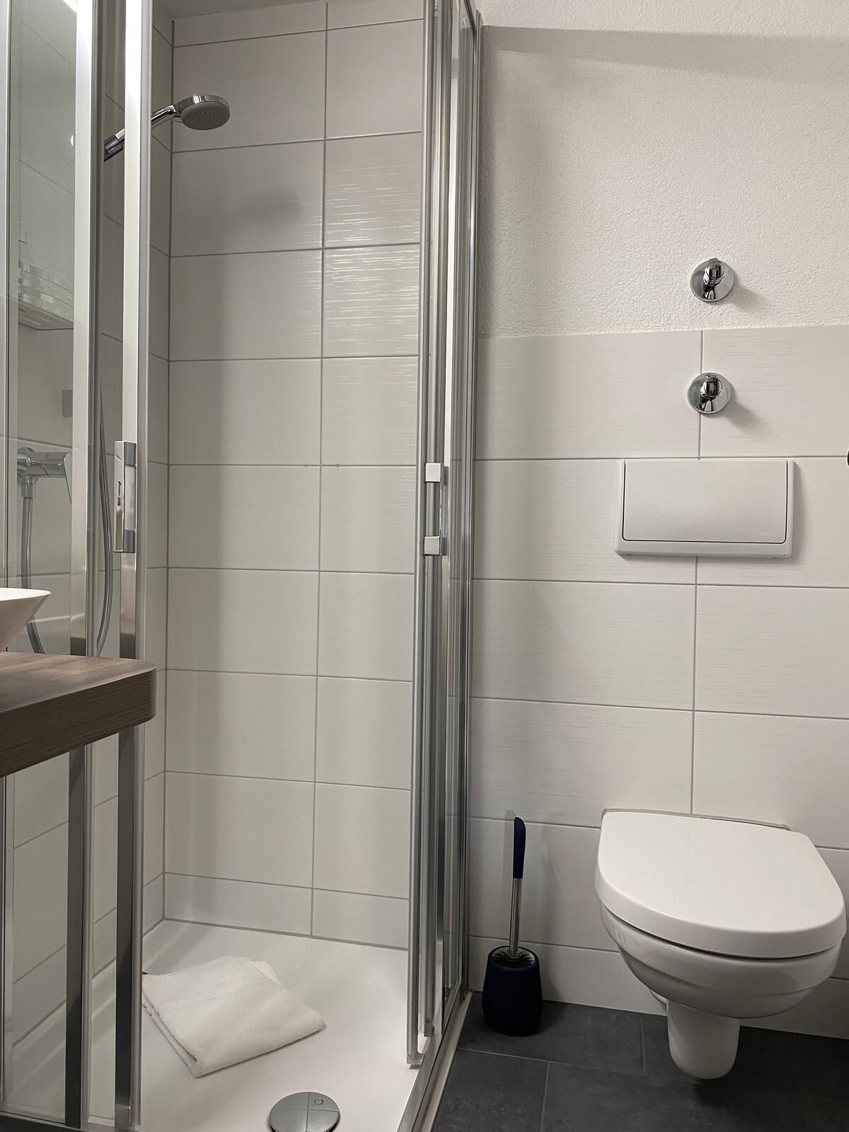A modern bathroom with a glass-enclosed shower, a white toilet, and a small sink area.