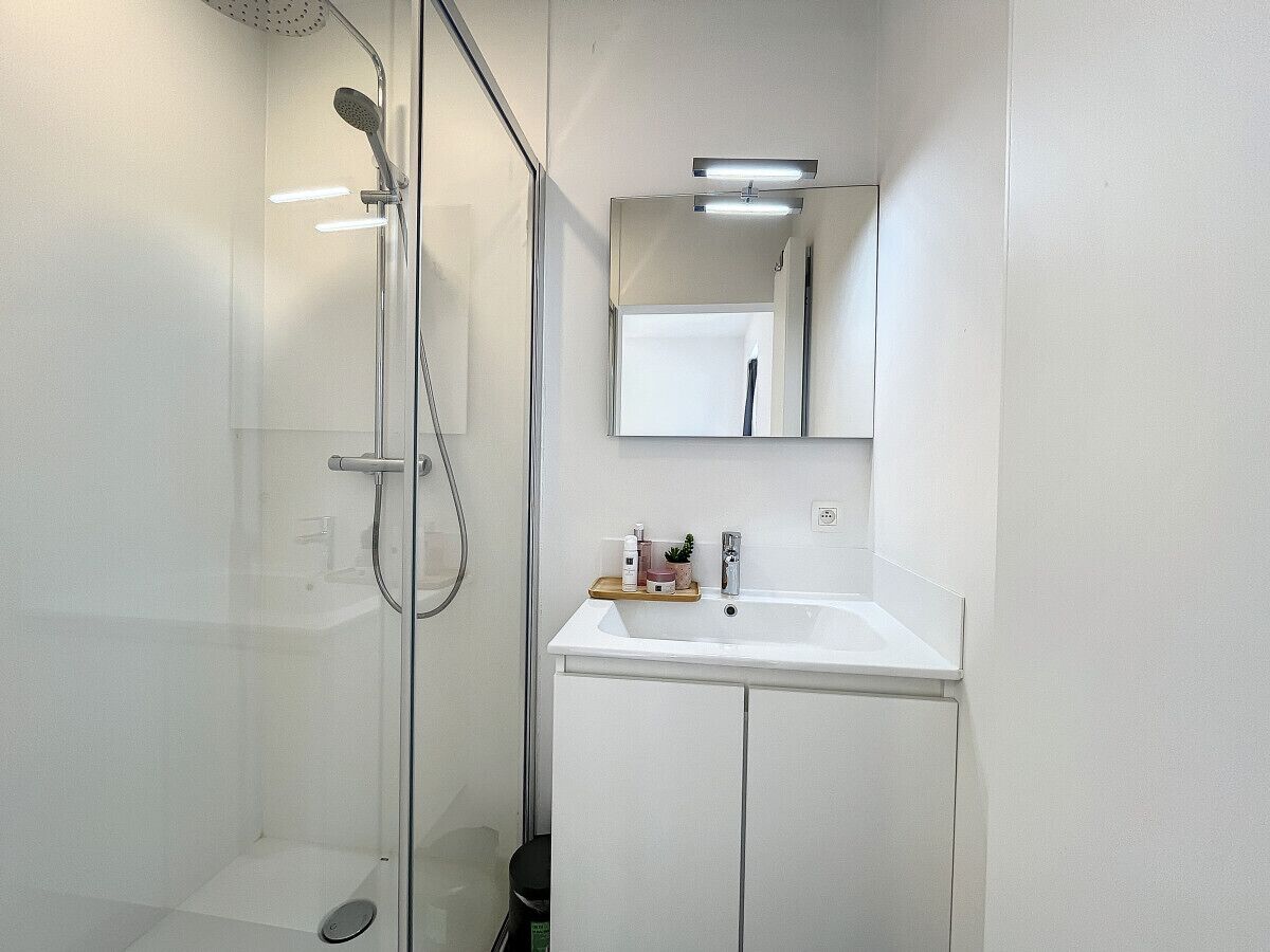Une salle de bain moderne avec une douche à parois de verre, un lavabo blanc et un miroir au-dessus.