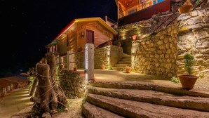 A stone staircase leading to a wooden building with a red door, surrounded by potted plants and a night sky. - Seclude Pangot Perch (Nainital)