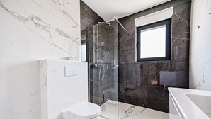 A modern bathroom with a glass-enclosed shower, a toilet, and a bathtub.