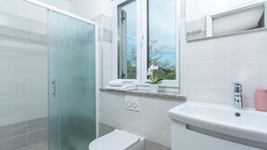 Shower, hair dryer, towels