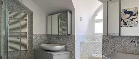 Shower, hair dryer, bidet, towels