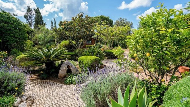 A garden with a cobblestone path, various plants, and a small structure. - Spacious villa with pool, hot tub and large garden (Montinhos Da Luz)