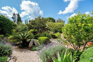A garden with a cobblestone path, various plants, and a small structure. - Spacious villa with pool, hot tub and large garden (Montinhos Da Luz)
