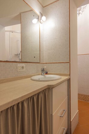 Een douche, een haardroger, een bidet, handdoeken