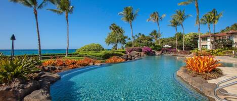 A clear pool with a stone border, surrounded by tropical plants and palm trees, with a view of the ocean.