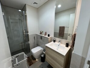 Apartamento clásico | Baño | Ducha, secador de pelo, toallas y papel higiénico