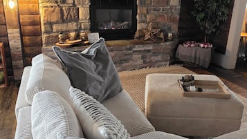 TV connectée, cheminée, livres