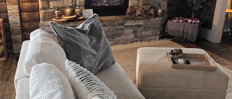 Smart TV, fireplace, books