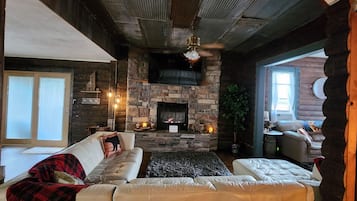 Smart TV, fireplace, books