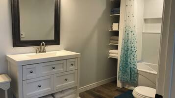 Hair dryer, towels, soap, shampoo