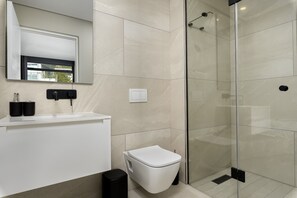 Shower, hair dryer, towels, shampoo