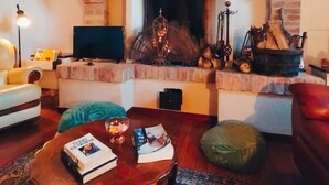 Un salón acogedor con chimenea, televisor y una zona de estar cómoda con un tapete estampado.