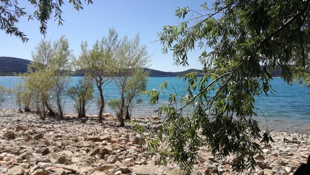 Uma praia rochosa com árvores e um lago azul límpido.