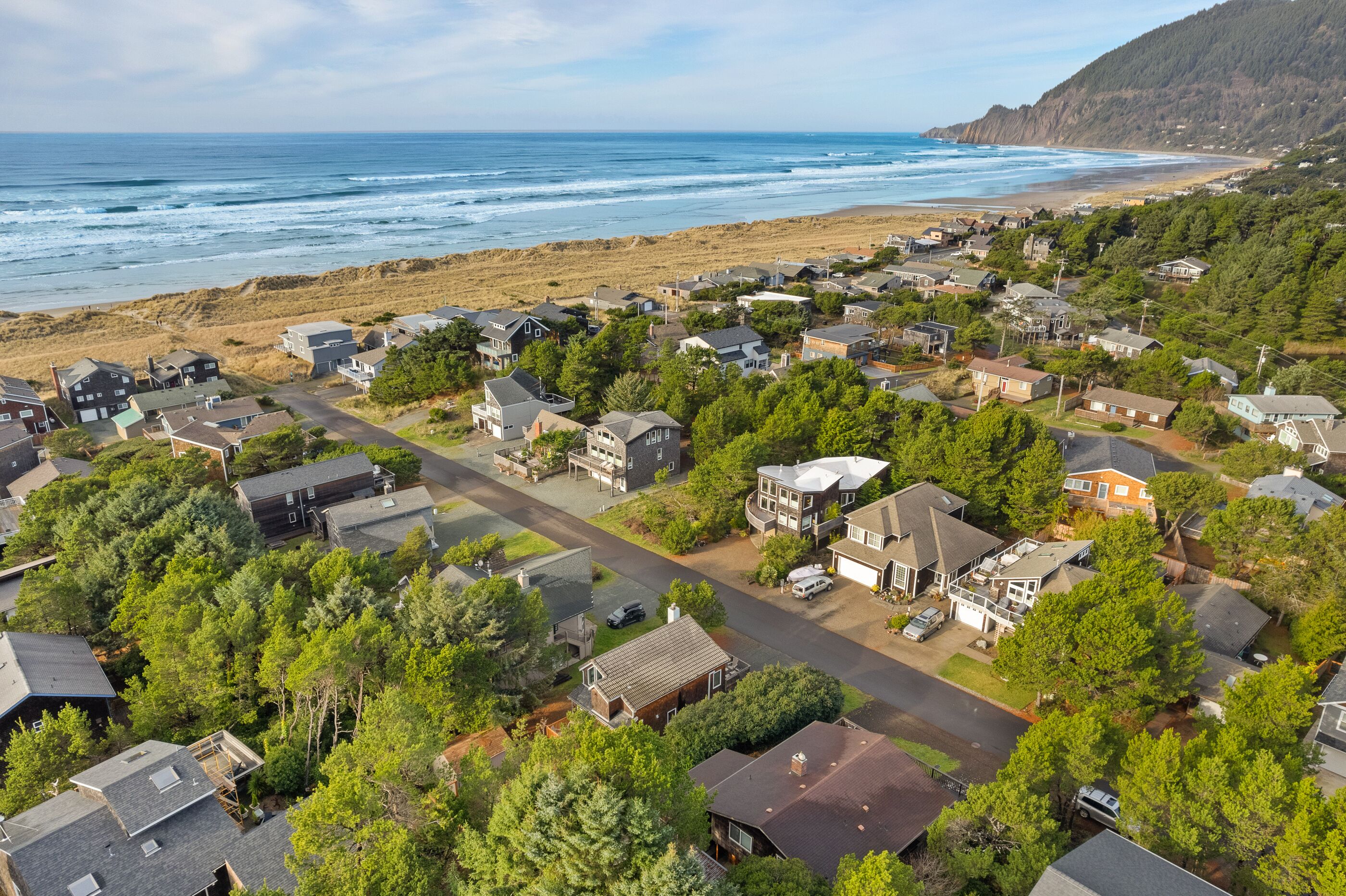 An aerial view of a coastal residential area with houses, roads, and a beach.