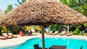Un espace piscine agrémenté d’un parasol en chaume, de chaises longues et d’une terrasse dallée de pierres.