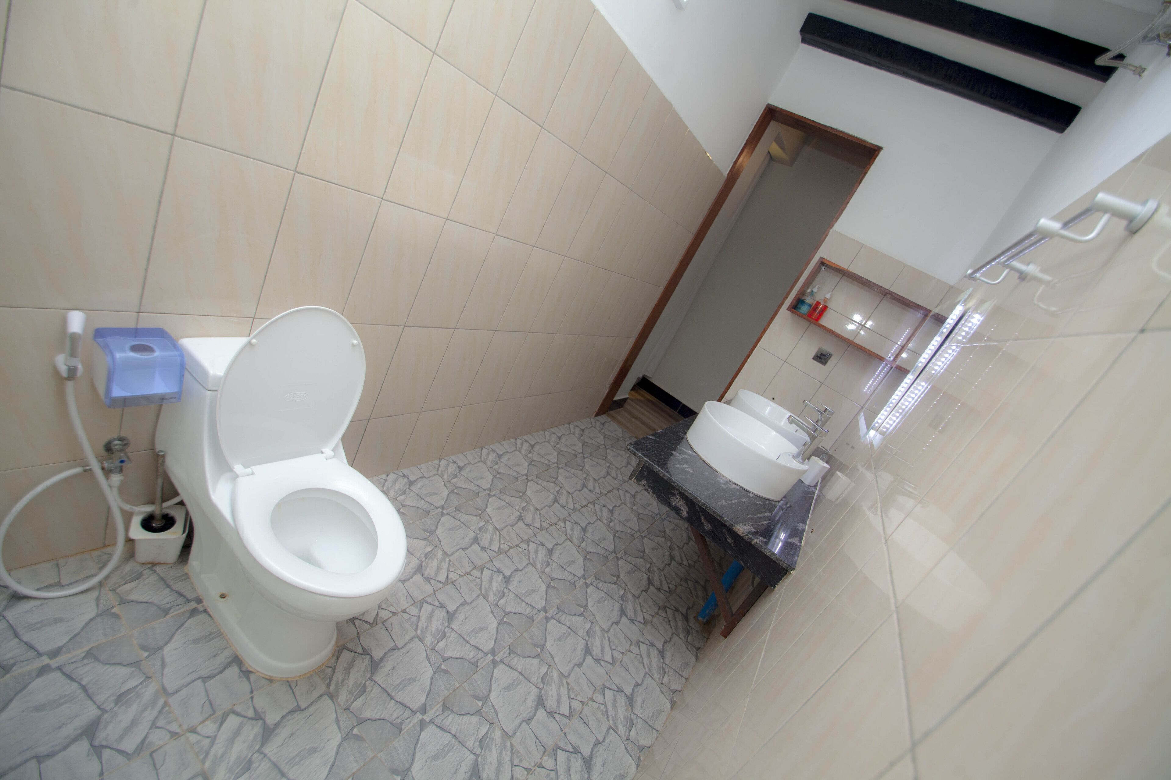 A bathroom with a toilet, a sink, and a shower.