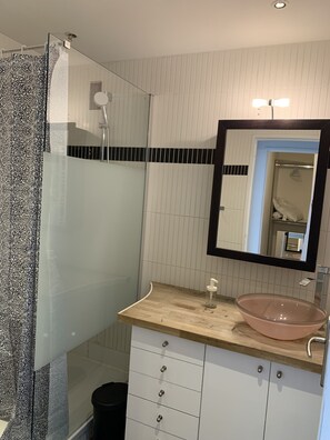 Shower, hair dryer, toilet paper
