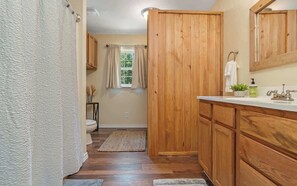 Shower, hair dryer, towels, shampoo