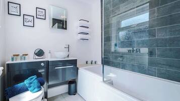 Shower, hair dryer, shampoo