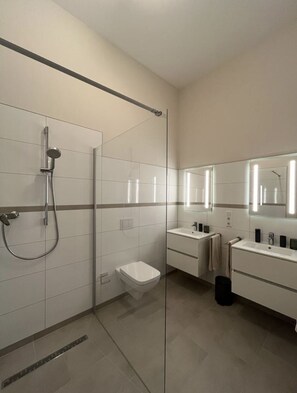 Dusche, Haartrockner, Handtücher, Seife