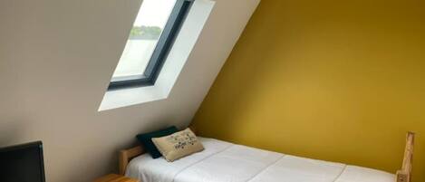 A small, single-bed room with a slanted ceiling and a skylight.